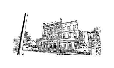 Sacramento 'nun simgesi olan Print Building View Kaliforniya' da bulunmaktadır. Vektörde elle çizilmiş çizim çizimi