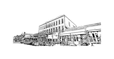 Sacramento 'nun simgesi olan Print Building View Kaliforniya' da bulunmaktadır. Vektörde elle çizilmiş çizim çizimi