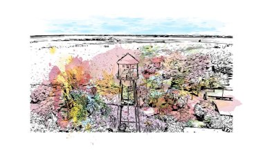 Sacramento 'nun simgesi olan Print Building View Kaliforniya' da bulunmaktadır. Vektörde elle çizilmiş resim ile suluboya sıçraması