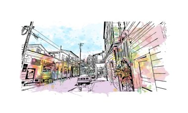 Sacramento 'nun simgesi olan Print Building View Kaliforniya' da bulunmaktadır. Vektörde elle çizilmiş resim ile suluboya sıçraması.