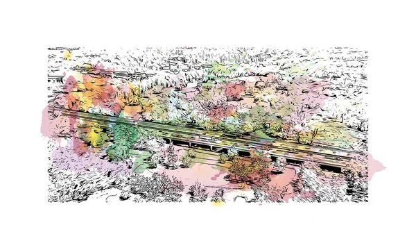 Sacramento 'nun simgesi olan Print Building View Kaliforniya' da bulunmaktadır. Vektörde elle çizilmiş resim ile suluboya sıçraması