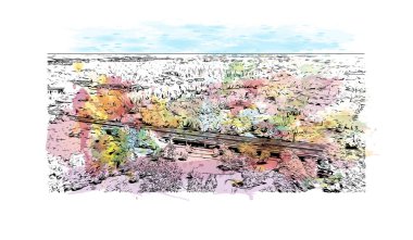 Sacramento 'nun simgesi olan Print Building View Kaliforniya' da bulunmaktadır. Vektörde elle çizilmiş resim ile suluboya sıçraması.