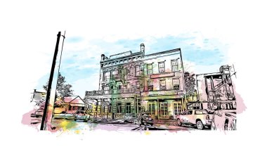 Sacramento 'nun simgesi olan Print Building View Kaliforniya' da bulunmaktadır. Vektörde elle çizilmiş resim ile suluboya sıçraması.