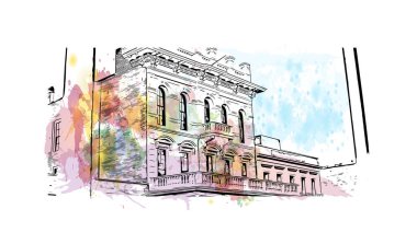 Sacramento 'nun simgesi olan Print Building View Kaliforniya' da bulunmaktadır. Vektörde elle çizilmiş resim ile suluboya sıçraması.