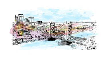 Sacramento 'nun simgesi olan Print Building View Kaliforniya' da bulunmaktadır. Vektörde elle çizilmiş resim ile suluboya sıçraması.