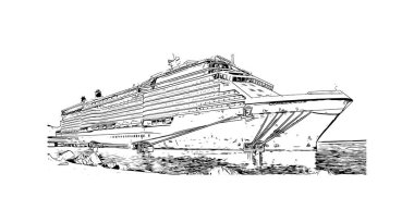 Dominica 'nın başkenti Roseau' nun simgesi olan Print Building view 'dir. Vektörde elle çizilmiş çizim çizimi.