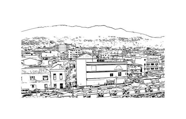 Imprimir Vista Edifício Com Marco Roseau Capital Dominica Desenho Desenhado — Vetor de Stock
