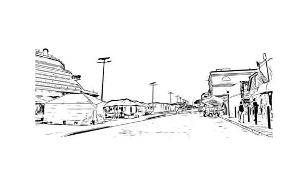 Print Building View Landmark Roseau Capital Dominica Hand Drawn Sketch — Stock Vector