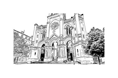 Saint Etienne, Fransa 'da yer alan bir şehirdir. Vektörde elle çizilmiş çizim çizimi.