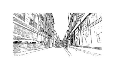 Saint Etienne, Fransa 'da yer alan bir şehirdir. Vektörde elle çizilmiş çizim çizimi.