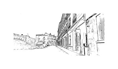 Saint Etienne, Fransa 'da yer alan bir şehirdir. Vektörde elle çizilmiş çizim çizimi.