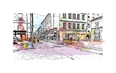 Saint Etienne, Fransa 'da yer alan bir şehirdir. Vektörde elle çizilmiş resim ile suluboya sıçraması.