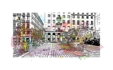 Saint Etienne, Fransa 'da yer alan bir şehirdir. Vektörde elle çizilmiş resim ile suluboya sıçraması.