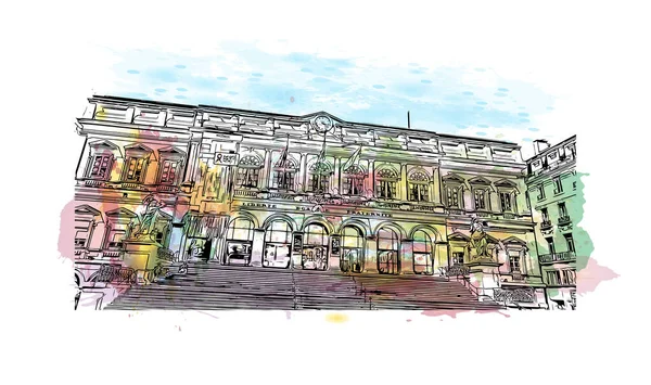 Saint Etienne, Fransa 'da yer alan bir şehirdir. Vektörde elle çizilmiş resim ile suluboya sıçraması.