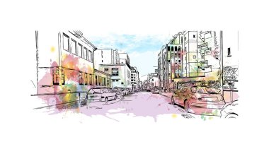 Saint Etienne, Fransa 'da yer alan bir şehirdir. Vektörde elle çizilmiş resim ile suluboya sıçraması.