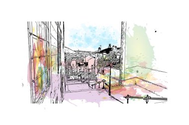 Saint Etienne, Fransa 'da yer alan bir şehirdir. Vektörde elle çizilmiş resim ile suluboya sıçraması.