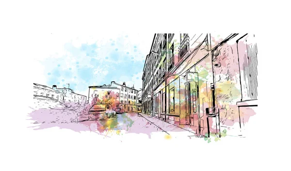 Print Building View Landmark Saint Etienne City France Watercolor Splash — Stock Vector