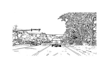 Roswell 'in simgesi olan Print Building View New Mexico' da bulunmaktadır. Vektörde elle çizilmiş çizim çizimi.