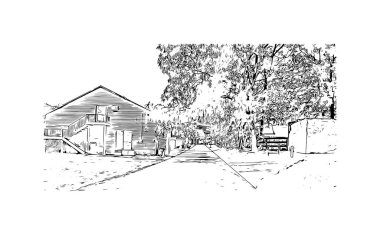 Roswell 'in simgesi olan Print Building View New Mexico' da bulunmaktadır. Vektörde elle çizilmiş çizim çizimi.