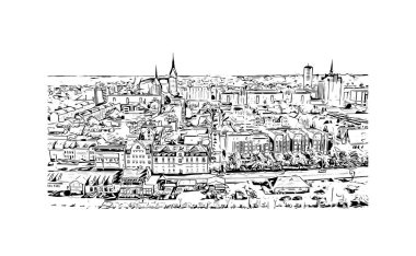 Print Building view with landmark of Rostock is the city in Germany. Vektörde elle çizilmiş çizim çizimi.
