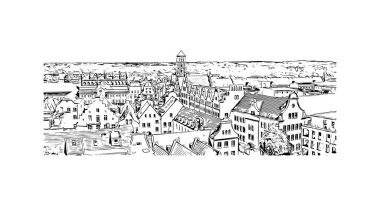 Print Building view with landmark of Rostock is the city in Germany. Vektörde elle çizilmiş çizim çizimi.