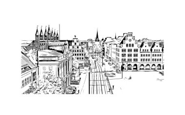 Print Building view with landmark of Rostock is the city in Germany. Vektörde elle çizilmiş çizim çizimi.