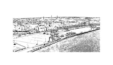 Print Building view with landmark of Rostock is the city in Germany. Vektörde elle çizilmiş çizim çizimi.