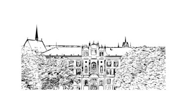 Print Building view with landmark of Rostock is the city in Germany. Vektörde elle çizilmiş çizim çizimi.