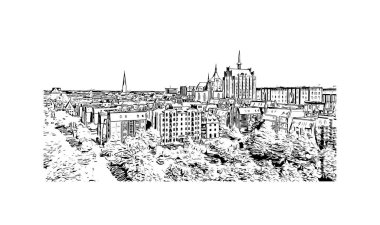 Print Building view with landmark of Rostock is the city in Germany. Vektörde elle çizilmiş çizim çizimi.