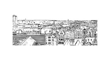 Print Building view with landmark of Rostock is the city in Germany. Vektörde elle çizilmiş çizim çizimi.