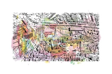 Print Building view with landmark of Rostock is the city in Germany. Vektörde elle çizilmiş resim ile suluboya sıçraması.