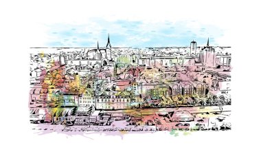 Print Building view with landmark of Rostock is the city in Germany. Vektörde elle çizilmiş resim ile suluboya sıçraması.