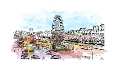 Print Building view with landmark of Rostock is the city in Germany. Vektörde elle çizilmiş resim ile suluboya sıçraması.