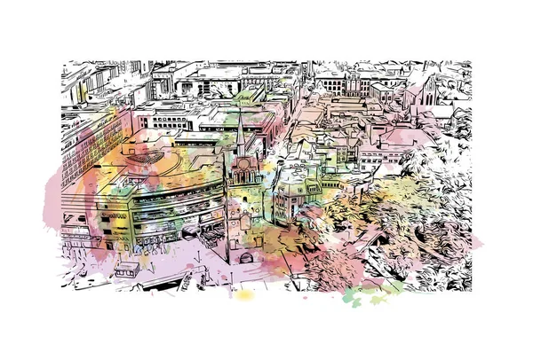 Print Building view with landmark of Rostock is the city in Germany. Vektörde elle çizilmiş resim ile suluboya sıçraması.