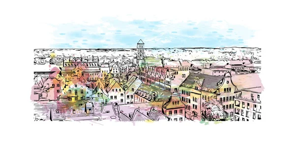 Print Building view with landmark of Rostock is the city in Germany. Vektörde elle çizilmiş resim ile suluboya sıçraması.