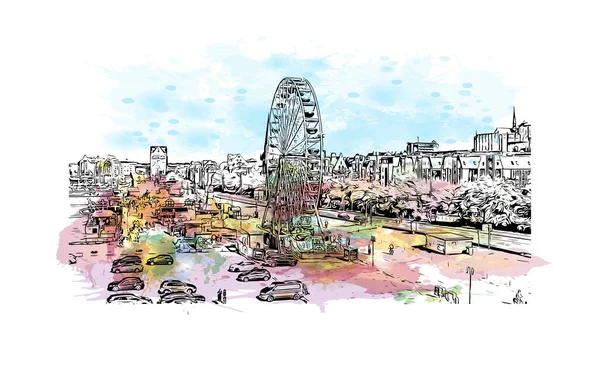 Print Building view with landmark of Rostock is the city in Germany. Vektörde elle çizilmiş resim ile suluboya sıçraması.