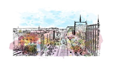 Print Building view with landmark of Rostock is the city in Germany. Vektörde elle çizilmiş resim ile suluboya sıçraması.