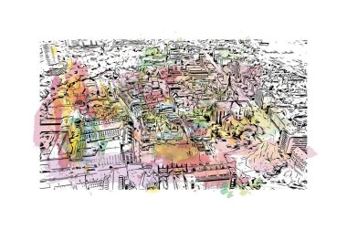 Print Building view with landmark of Rostock is the city in Germany. Vektörde elle çizilmiş resim ile suluboya sıçraması.