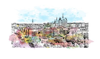 Print Building view with landmark of Rostock is the city in Germany. Vektörde elle çizilmiş resim ile suluboya sıçraması.