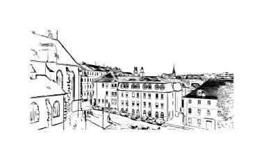 Print Building view with landmark of Sarrebruck is the city in Germany. Vektörde elle çizilmiş çizim çizimi.