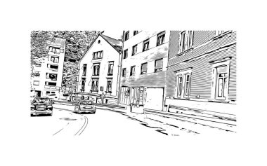 Print Building view with landmark of Sarrebruck is the city in Germany. Vektörde elle çizilmiş çizim çizimi.