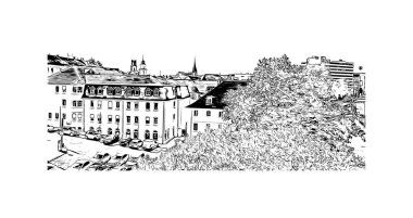 Print Building view with landmark of Sarrebruck is the city in Germany. Vektörde elle çizilmiş çizim çizimi.