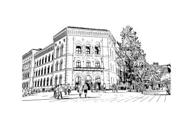 Print Building view with landmark of Sarrebruck is the city in Germany. Vektörde elle çizilmiş çizim çizimi.