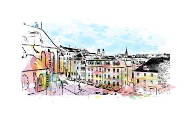 Print Building view with landmark of Sarrebruck is the city in Germany. Vektörde elle çizilmiş resim ile suluboya sıçraması.