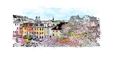 Print Building view with landmark of Sarrebruck is the city in Germany. Vektörde elle çizilmiş resim ile suluboya sıçraması.