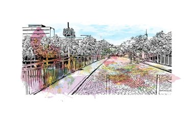 Print Building view with landmark of Sarrebruck is the city in Germany. Vektörde elle çizilmiş resim ile suluboya sıçraması.