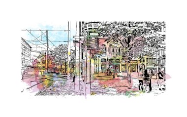 Print Building view with landmark of Sarrebruck is the city in Germany. Vektörde elle çizilmiş resim ile suluboya sıçraması.