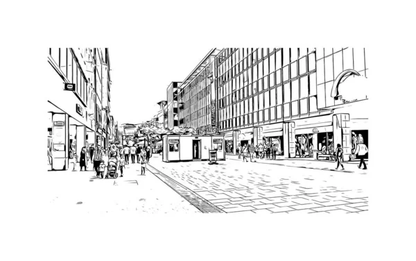 Print Building Vista Com Marco Sarrebruck Cidade Alemanha Desenho Desenhado — Vetor de Stock