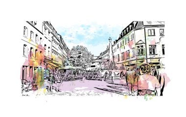 Print Building view with landmark of Sarrebruck is the city in Germany. Vektörde elle çizilmiş resim ile suluboya sıçraması.