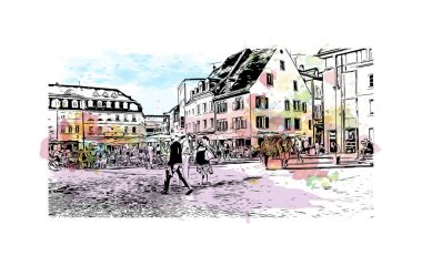 Print Building view with landmark of Sarrebruck is the city in Germany. Vektörde elle çizilmiş resim ile suluboya sıçraması.